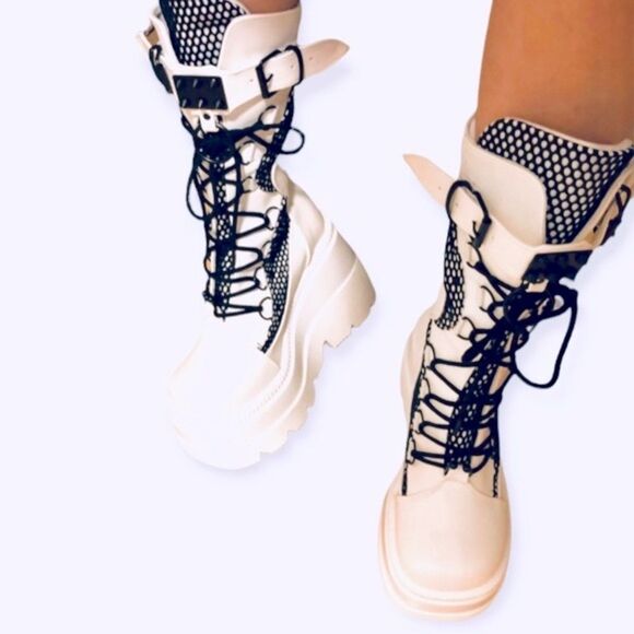 White Black Mesh D Rings Zipper Tall Platform Combat Boots NEW - Picture 4 of 4